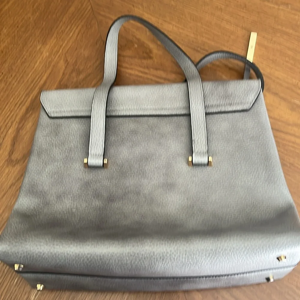 Innue Italian gray pebble leather structured satchel shoulder bag w/ gold clasp
